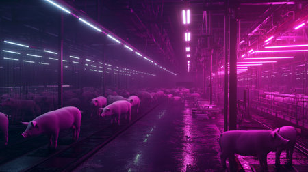 Flock of pigs in a modern factory. 3d renderingの写真素材