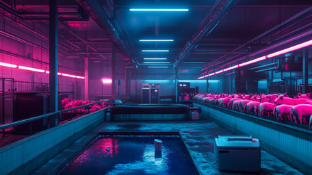 Abandoned industrial interior with empty seats and blue neon lights.の写真素材