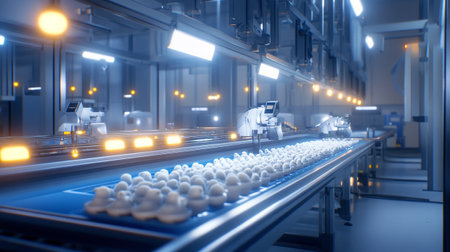 Conveyor belt with human figures in factory. 3d renderingの写真素材