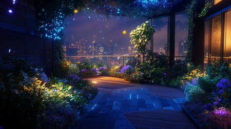 Night view of the garden with beautiful flowers and the city in the backgroundの写真素材