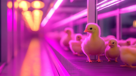 cute duckling on conveyor belt in neon light. selective focusの写真素材