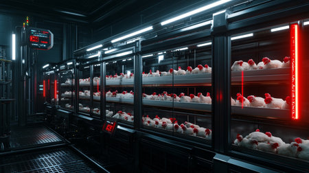 3d render of chicken farm with red light in the dark roomの写真素材