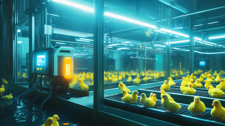 Yellow chicks on conveyor belt in factory. 3d renderingの写真素材