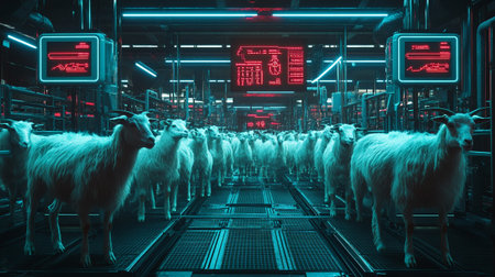 3d rendering of a herd of sheep in a modern dairy farmの写真素材
