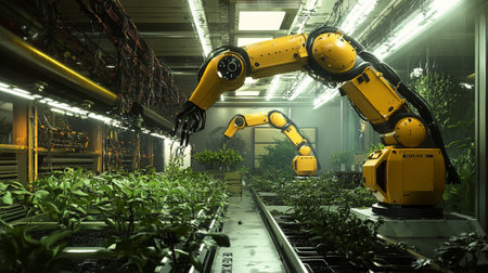 3d rendering robotic arm working in a greenhouse with green plants.の写真素材