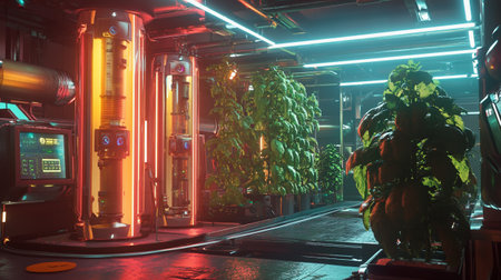 Futuristic Sci Fi Interior with Neon Lights, 3D Renderingの写真素材