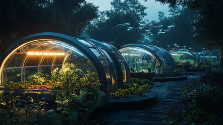 Greenhouse in the park at night with fog and light effect.の写真素材