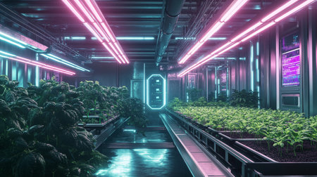 Futuristic interior with neon lights and plants. 3d renderingの写真素材