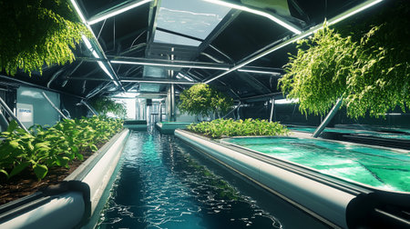 Swimming pool in a modern green house. 3D rendering.の写真素材