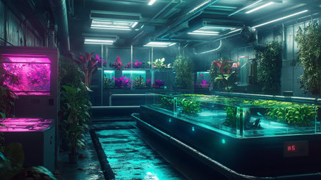 Futuristic greenhouse with neon light. Futuristic interior.の写真素材