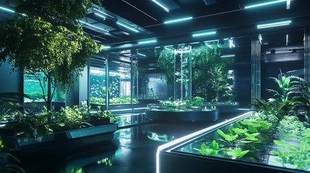 Green plant in modern office interior. 3d render illustration design.の写真素材