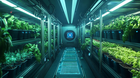 3D rendering of a science fiction corridor with plants and a robotの写真素材