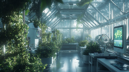 3d render of interior of a greenhouse with plants in a fogの写真素材