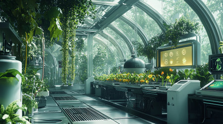 3D rendering of a greenhouse interior design with plants and flowers.の写真素材