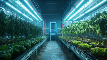 Greenhouse interior with rows of plants and neon lights, 3d renderの写真素材