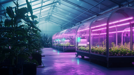 Interior of a greenhouse with neon lights, 3d render.の写真素材