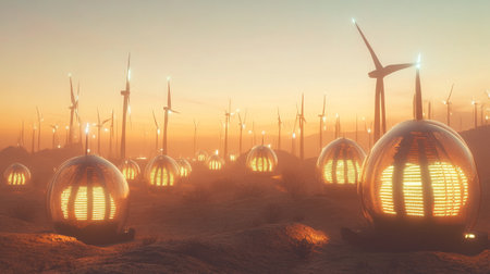 Wind turbines in the desert. Renewable energy concept. 3D Renderingの写真素材