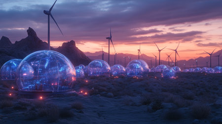 Wind turbines and crystal ball with glowing lights at sunset. 3D renderingの写真素材