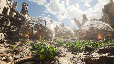 3D rendering of a greenhouse in the ruins of an abandoned buildingの写真素材