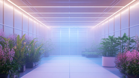3d render of an empty room with plants and neon lights.の写真素材