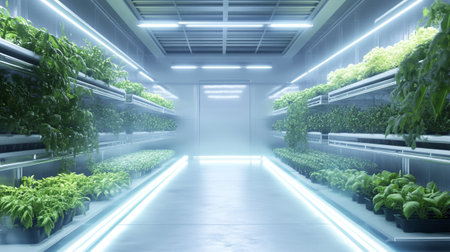 3d render of a modern greenhouse interior with neon lights and plantsの写真素材