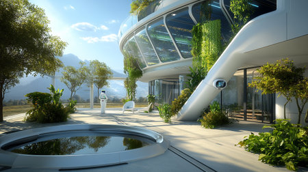 3d render of modern architecture with garden and beautiful landscaping.の写真素材