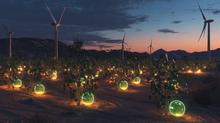 3D render of wind turbines in the desert at night with lightsの写真素材