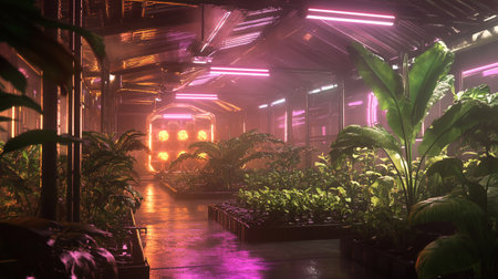 Artificial plants in the botanical garden at night with neon lightsの写真素材