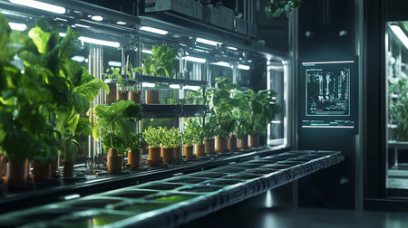 Plants growing in test tubes in modern laboratory. 3d renderingの写真素材