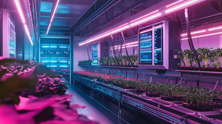 3D rendering of a modern greenhouse with plants and neon lights.の写真素材