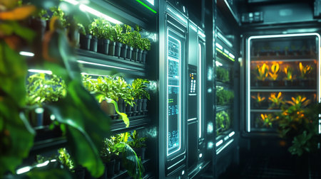 Futuristic server room with green plants. 3D Renderingの写真素材