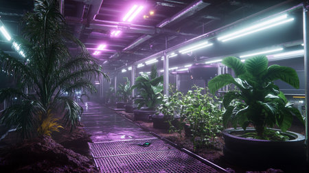 Futuristic greenhouse interior with plants and neon lights. 3d renderingの写真素材