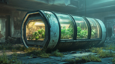 Abandoned factory building with green plants in the windows. 3d renderingの写真素材