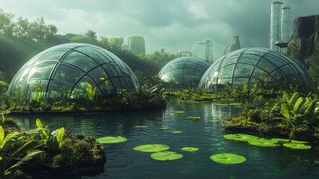 Futuristic landscape design of a botanical garden with a pondの写真素材