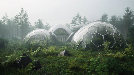 3d render of a dome-shaped structure in a green forest with fogの写真素材