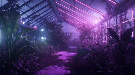 Garden at night with neon lights and plants in the greenhouse.の写真素材
