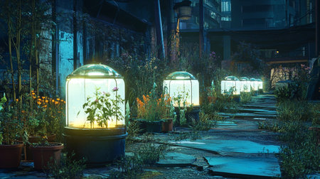 Lanterns in the garden at night. Night scene.の写真素材