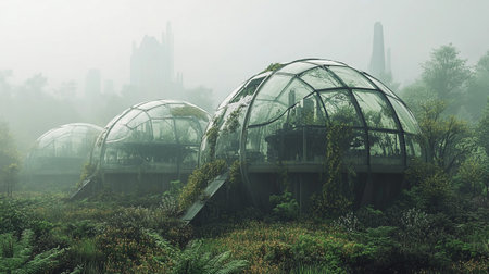 Greenhouse in a foggy morning.の素材