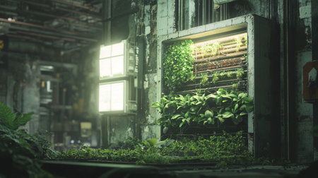 3d rendering of an old abandoned factory building with green plants.の写真素材