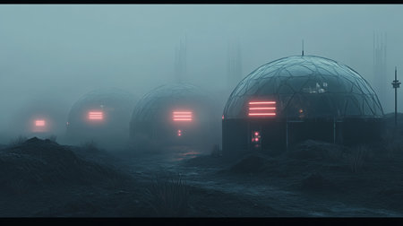 3d rendering of an alien city in a foggy night.の写真素材