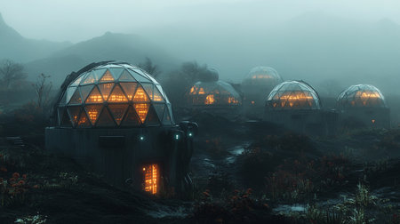 Mongolian huts in the fog. 3d renderingの写真素材