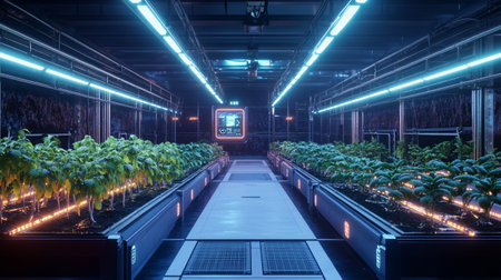 Futuristic greenhouse interior with glowing lights. 3D Renderingの写真素材