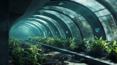 Futuristic greenhouse interior with plants growing inside. 3D renderingの写真素材