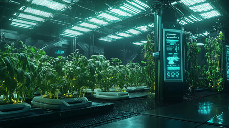 Futuristic interior of a greenhouse with plants. 3d renderingの写真素材