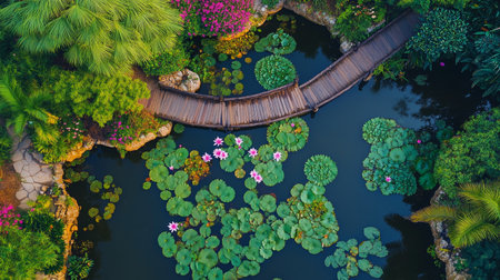 Aerial view of beautiful blooming garden with wooden bridge and pond.の写真素材