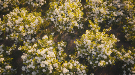 Aerial view of beautiful white flowers in the garden. Top viewの写真素材