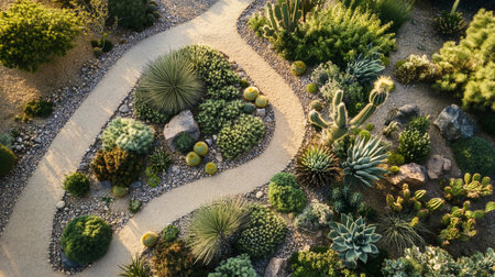 Aerial view of beautiful cactus garden and pathway in the parkの写真素材