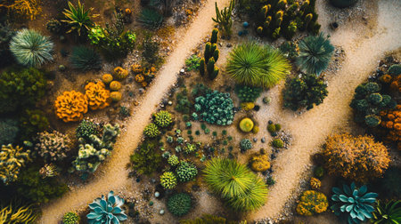 Aerial view of desert with cactuses and succulentsの写真素材