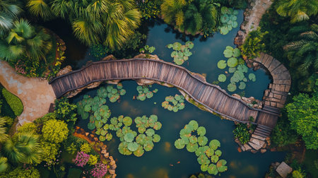 Aerial view of beautiful tropical garden with pond and wooden bridge.の写真素材