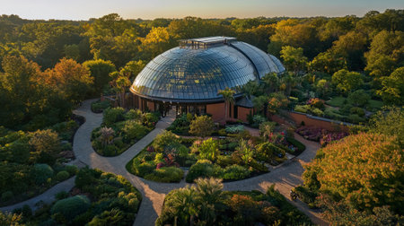 Aerial view of the botanical garden at sunset in Spring.の写真素材